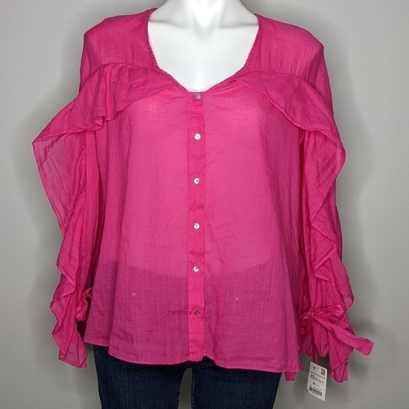 ✨3/$15 NWT Zara pink ruffle sleeve button up blouse XS - Picture 1 of 8